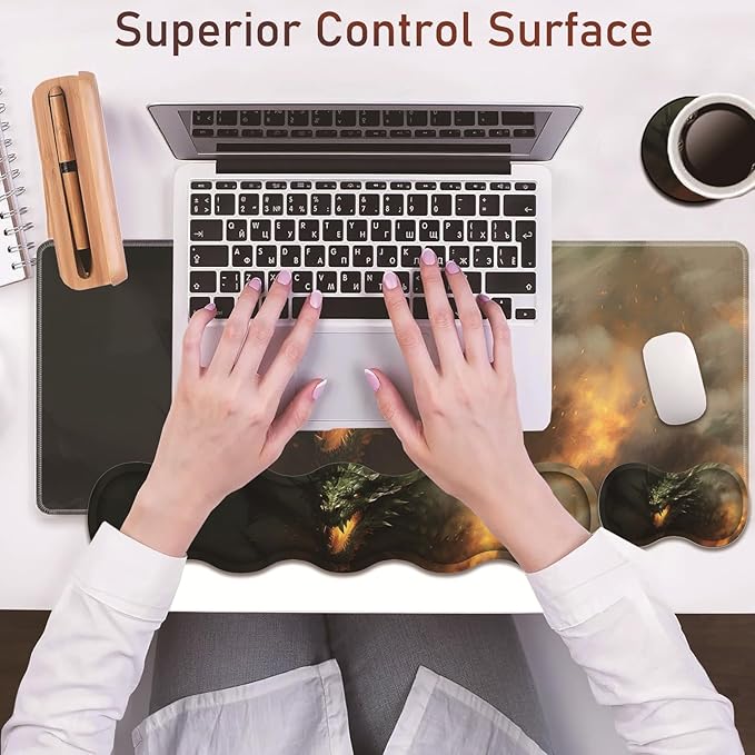 Large Gaming Table Pad 31.5 x 11.8 + Keyboard Wrist Pad + Mouse Wrist Pad + Coaster Non-Slip Base 4-in-1 Set Ergonomic Memory Foam Easy Typing Pain Relief Firing Dragon