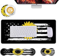 Mouse PadLarge Desk Mat Set 4in1 XL Mousepad + Keyboard Wrist Rest+Mouse Wrist Rest+Coaster with Ergonomic Desk Pad for Home Office Table Computer Cover -American Flag with Sunflower