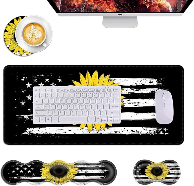 Mouse PadLarge Desk Mat Set 4in1 XL Mousepad + Keyboard Wrist Rest+Mouse Wrist Rest+Coaster with Ergonomic Desk Pad for Home Office Table Computer Cover -American Flag with Sunflower