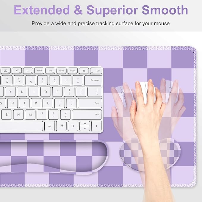 Large Gaming Mouse Pad Set 4 in1 Ergonomics Keyboard Desk Mat with Memory Foam Wrist Rest Extended Game Mousepad Non-Slip Desk Pad Matt Easy Typing Pain Relief I Light Purple Checkered