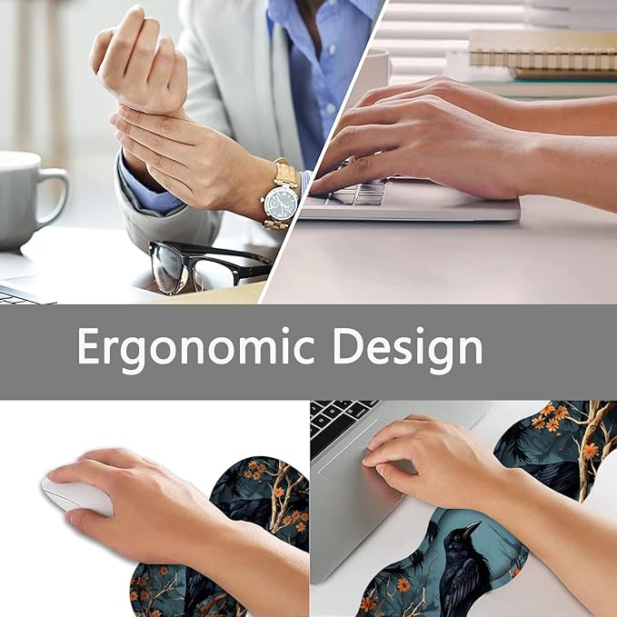 Large Gaming Mouse Pad + Keyboard Wrist Rest + Wrist Support + Coaster Set Memory Foam Ergonomic for Easy Typing XXL Extended Gaming Mouse Pad Table Pad - Branch Crow