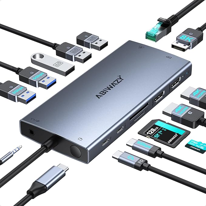 USB C Laptop Docking Station Dual Monitor ABIWAZY 15 in 1 USB C Hub Triple Display with 8K DisplayPort 2 HDMI 4K 6 USB A/C Ports 100W PD Ethernet Audio SD/MicroSD for Dell/HP/Lenovo