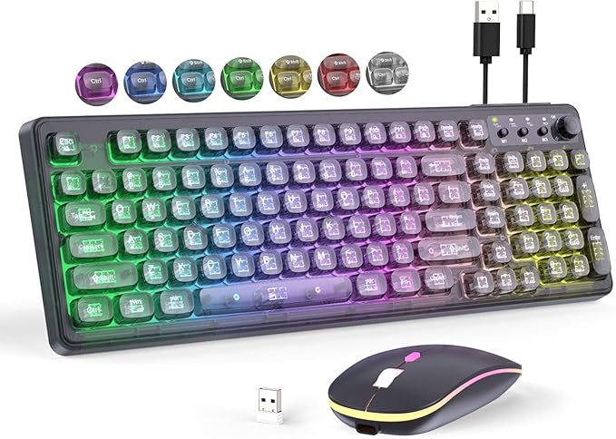 Black Light Up Keyboard and Mouse WirelessCute 2.4Ghz Cordless Rechargeable Transparent Backlit Keyboard15 Backlight EffectsVolume KnobRGB Mouse with 3 DPI for Mac Computer PC Laptop Desktop iPad
