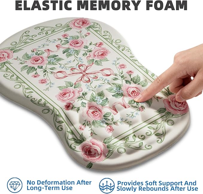 Ergonomic Mouse Pad Wrist Rest Carpal Tunnel Pain Relief Wrist Support Mousepad with Massage Bulge Memory Foam (Flower Carpet 11.8x7.9 in)