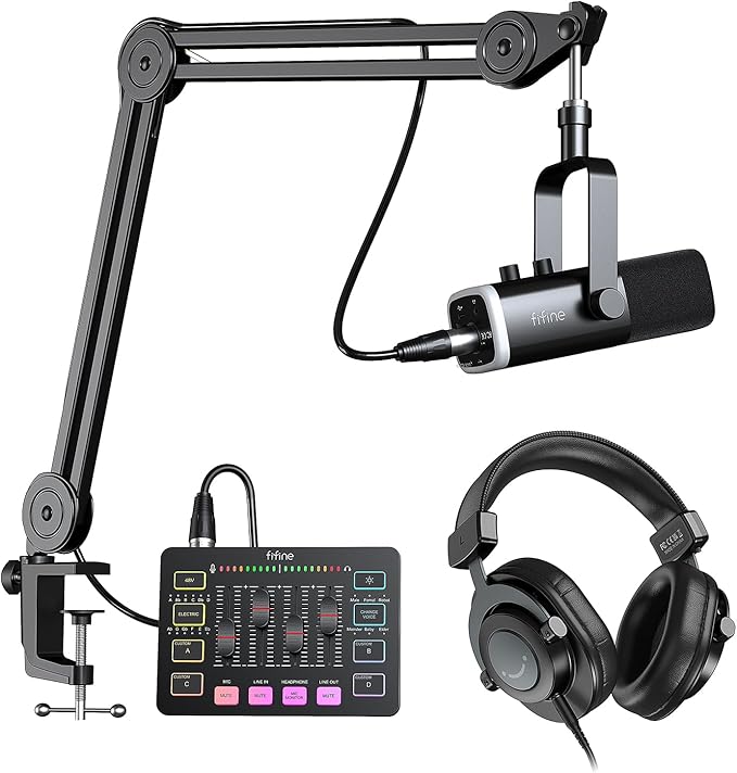 FIFINE XLR/USB Microphone Set with Gaming Audio Mixer Metal Sturdy Mic Arm Stand Over-Ear Wired Headphone for Streaming Podcast Recording