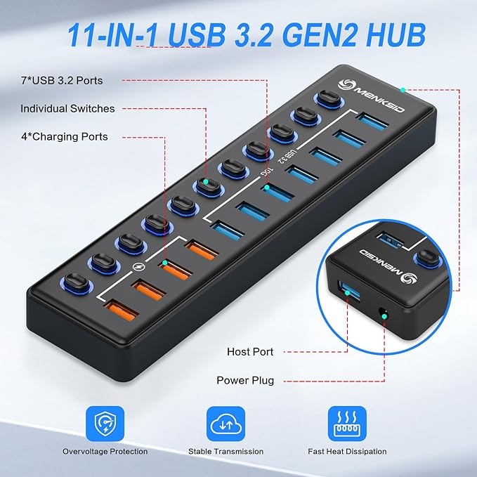 Powered USB Hub MENKSID 11-Port USB Hub 7 USB 3.2 Data Transfer Ports + 4 Smart Charging Ports Independent Switch (with LED Power Indicator) USB 3.2 Hub Powered with Power Adapter for Mac PC