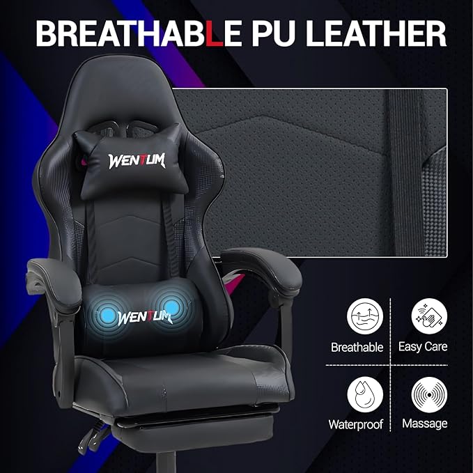 Gaming Chair with Footrest for Adults - PU Leather Massage Racing Video Game Chair w/Lumbar Support for Men Women Ernogomic Computer Game Chair for Home Office Height Adjustable Black