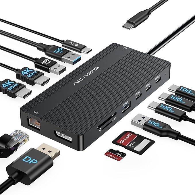 USB C Docking Station Dual Monitor 14 in 1 USB C Hub Adapter with 2 HDMI+DP(4K60Hz) Ethernet 3 USBC 10G100W PD SD/TF Audio Laptop Docking Station for Dell/HP/Lenovo/ThinkPad/Surface (Black)