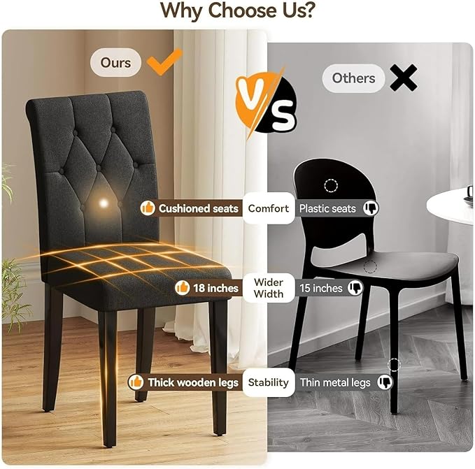 Adjustable Office Computer Chair with Armrest 2pcs Black Fabric Upholstered Dining Chairs with Button Tufted Backrest and Solid Wood Legs