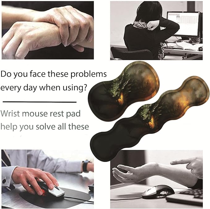 Large Gaming Table Pad 31.5 x 11.8 + Keyboard Wrist Pad + Mouse Wrist Pad + Coaster Non-Slip Base 4-in-1 Set Ergonomic Memory Foam Easy Typing Pain Relief Firing Dragon