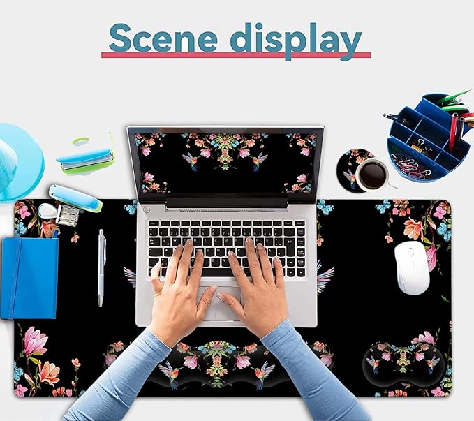 Extended Black Gaming Mouse Pad Ergonomic Memory Foam Keyboard Wrist Rest Support &amp Non-Slip Mouse Wrist Rest for Laptop Desk Writing Pad Hummingbird Watercolor Flower Office Desk MatLarge Mouse