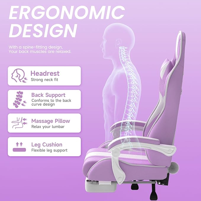 Ferghana Kawaii Light Purple Gaming Chair with Bunny Ears Ergonomic Cute Gamer Chair with Footrest and Massage Racing Reclining Leather Computer Game Chair for Girls Adults Teens Kids
