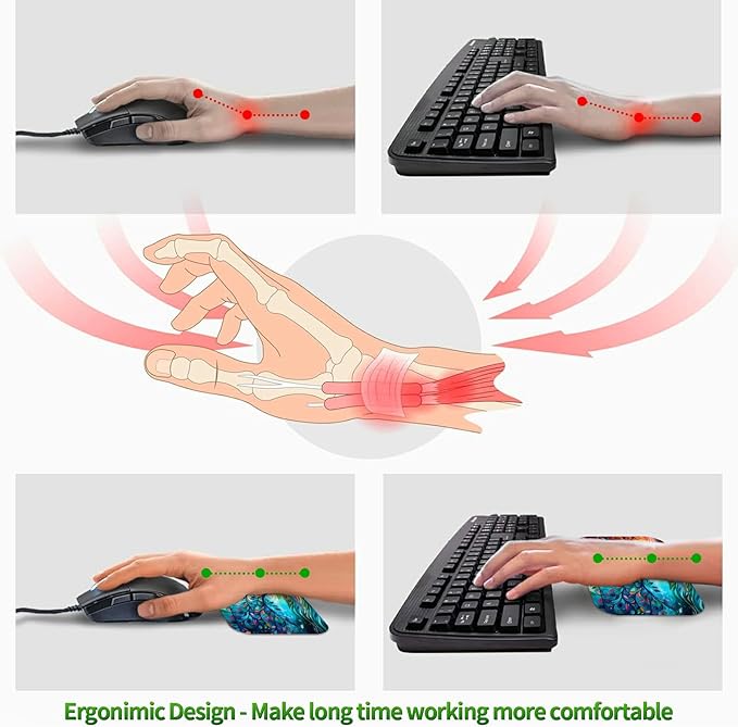 3-Piece Ergonomic Desk Mat &amp Cloud Wrist Rest Set Large 31.5 x 11.8 Wave Office Desk Pad with Memory Foam Support Non-Slip Computer Protector for Home Gaming &amp Writing Blue Red Trees