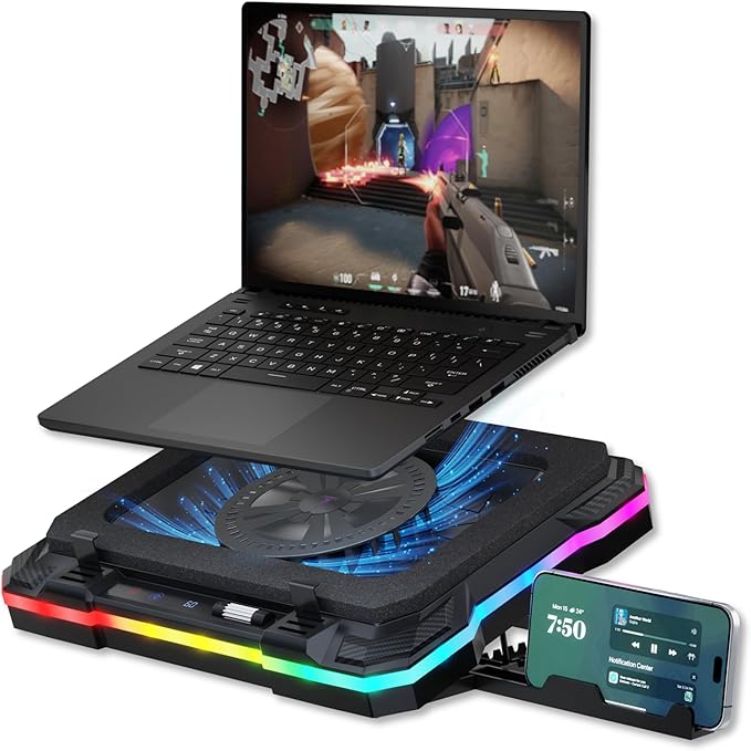 Tilted Nation Gaming Laptop Cooling Pad with USB Hub - Boost Performance Stay Comfortable - RGB Laptop Cooler Stand with Adjustable Height &amp Fan Speed RGB USB (C + A) Hub for 15.6 - 19 Lapto