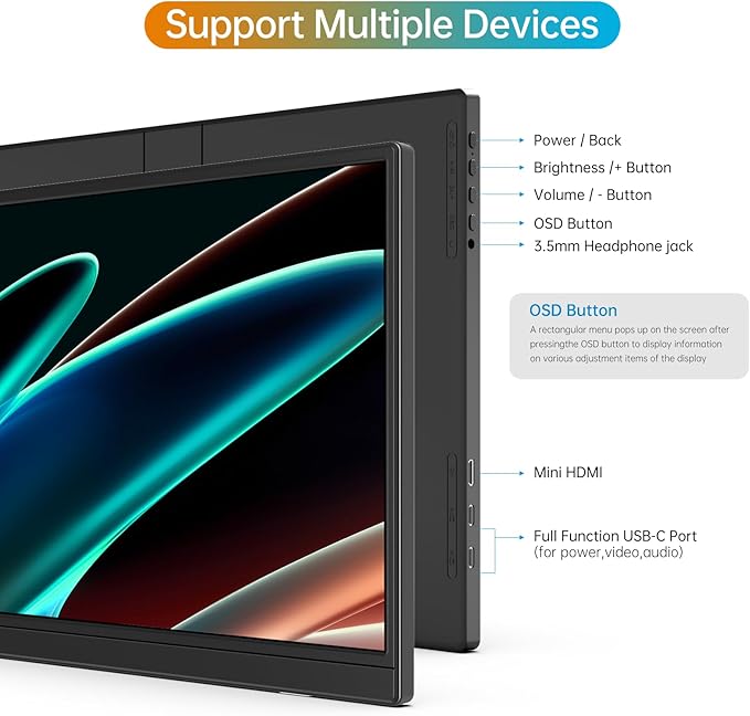 MNN Portable Monitor 14 inch FHD 1920 * 1200P USB C HDMI Ultra-Slim IPS Travel Display w/Speakers HDR Plug&ampPlay External Monitor for Laptop PC PhoneMac(400cd/m² Brightness)