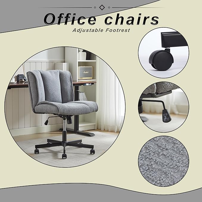 DHAEY Armless Office Chair Cross Legged Office Desk Chair No Wheels Fabric Padded Modern Swivel Height Adjustable Mid Back Wide Seat Computer Task Vanity Chair for Home Office Easy Assembly Gray