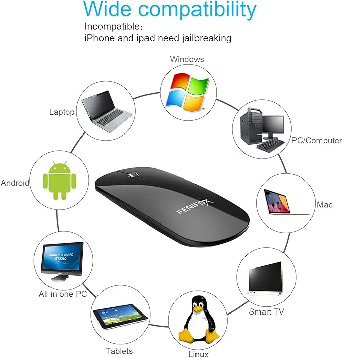 FENIFOX Wireless Bluetooth Mouse Ultra-Thin Flat and Slim Silent USB-C Rechargeable Travel Mini Portable Mouse for Mac iPad Laptop MacBook Tablet Chromebook - Black