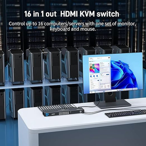 16 Port HDMI KVM Switch 4K@60Hz 2K@144Hz USB Rack Mount KVM HDMI Switch w/16 Pcs Cables Support RGB 4:4:4 HDCP 2.2 3.5mm Audio 4 USB 2.0 IR Remote
