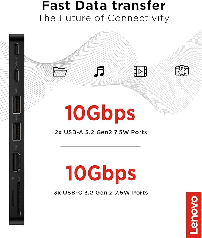 Lenovo USB-C Slim Travel Dock 8 Ports Up to 65W PD Pass Through Integrated USB-C Cable 4K Display Support Black