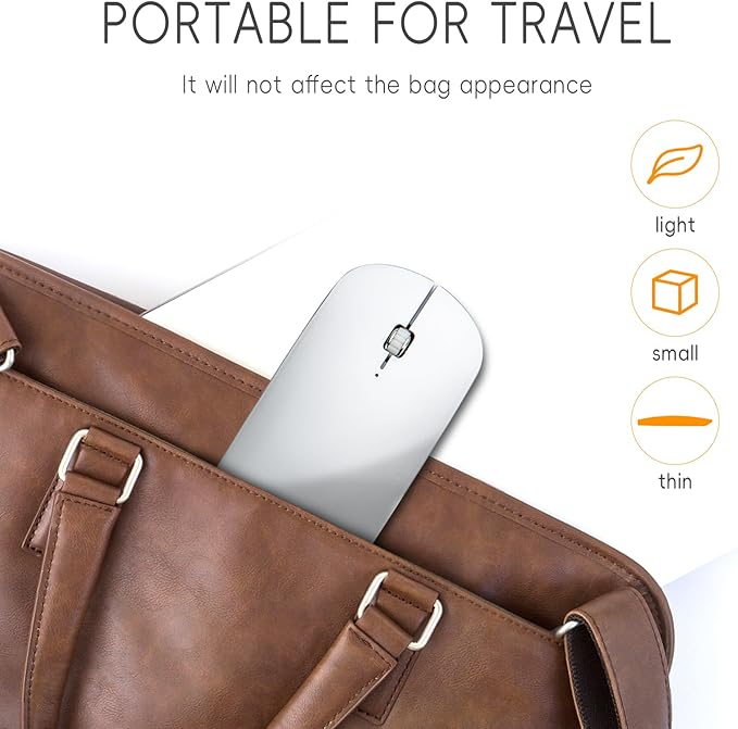 Bluetooth Mouse Slim Mini Portable Flat Travel Wireless Mouse Rechargeable t Ultra Thin Mice Quie Compatible with Laptop PC Notebook Tablet (Silver)