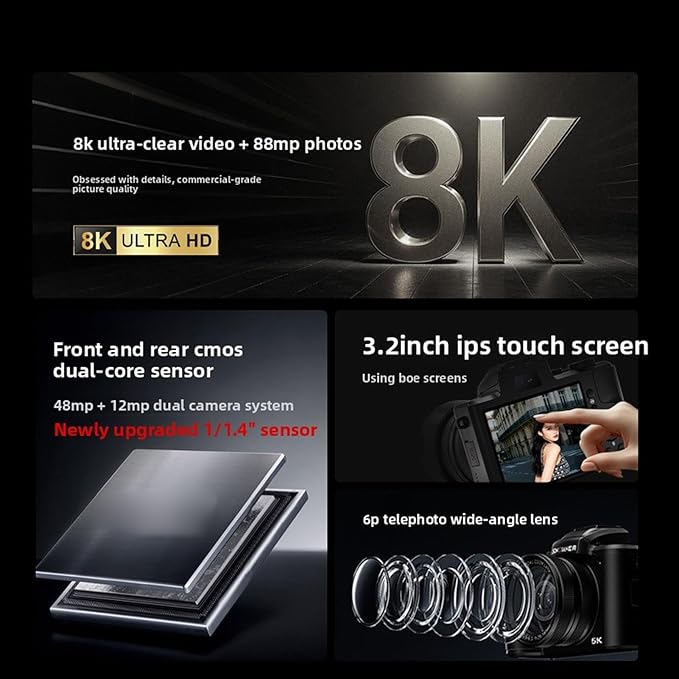 Diyeeni 8K Digital Camera 88MP HD Dual Lens 16X Zoom WiFi Webcam with 3.2 Inch Touchscreen Flash Lens Hood for Photography Selfie Video Streaming
