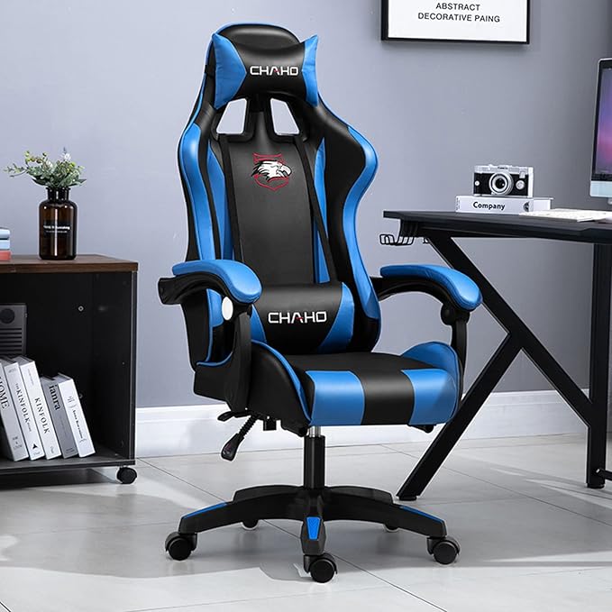 Gaming ChairGamer Chair for AdultsBig and Tall Gaming Chair 200lb CapacityGaming Chairs for TeensGaming Computer Chair with Headrest and Lumbar Support (BlueLatex Style)