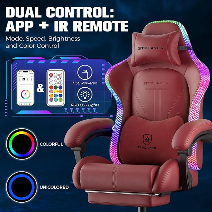 GTPLAYER Gaming Chair Computer Chair with RGB LED Lights High Back Ergonomic Chair for Adults with Footrest Reclining Office Chairs Linkage Armrest Wine Red