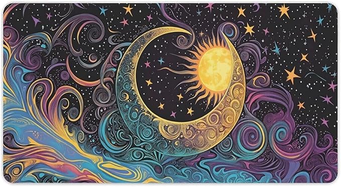 Abstract Moon and Sun Mouse Pad Large Desk Mat Extended Keyboard Mouse Pad with Non-Slip Base and Stitched Edge Mouse Mat Desk Pad 30x16 Mouse Pads for Desk Home Office Gaming