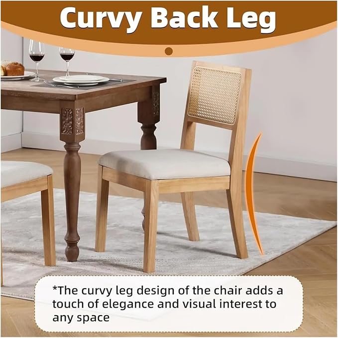 Adjustable Office Computer Chair with Armrest 1pcs Rattan Backrest Dining Chairs with Upholstered Cushion Solid Wood Frame and Legs(Log Color)