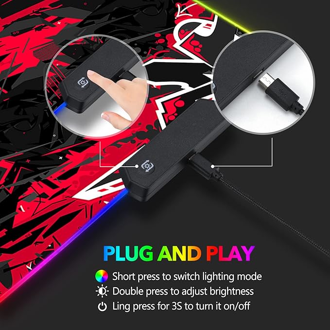 AIMSA Large RGB Gaming Mouse Pad Keyboard Mousepad Led Extended 35.4 x 15.8 inch Non-Slip Rubber Base with 14 Lighting Modes Big Desk Mat Waterproof Red Black
