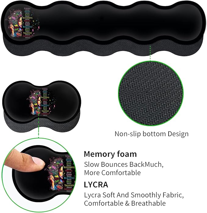 Extended Large Mouse Pad+Keyboard Wrist Rest Support  Ergonomic Memory Foam Wrist Rest 4Pcs (31.5×11.8 in) Desk Pad Set for Home Office Anime African American Woman XXL Gaming Black Mouse Pad