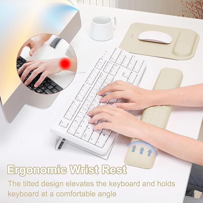 MOSISO Computer Keyboard Stand&ampWrist Rest Support for Keyboard &ampMouse Pad Set Ergonomic Massage Wrist Rest Set Easy Typing Working Acrylic Clear Stand for Office Home Khaki