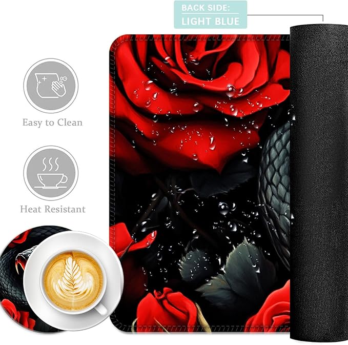 Keyboard Mouse Pad Set Extended Gaming Mouse Pad+Ergonomics Keyboard Wrist Rest Support Memory Foam Easy Typing Pain Relief 4Pcs XL Ultra Thick Desk MatSnake Roses and Fiery Mouth