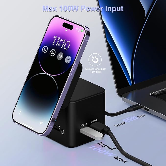 USB C Laptop Docking Station with MagSafe Charger Stand 9 in 1 USB C Hub Multiport Adapter with 4K HDMI 1Gbps Ethernet 3 USB 3.0 SD/TF Compatible with MacBook/Dell/HP/Lenovo/iPhone (Black)