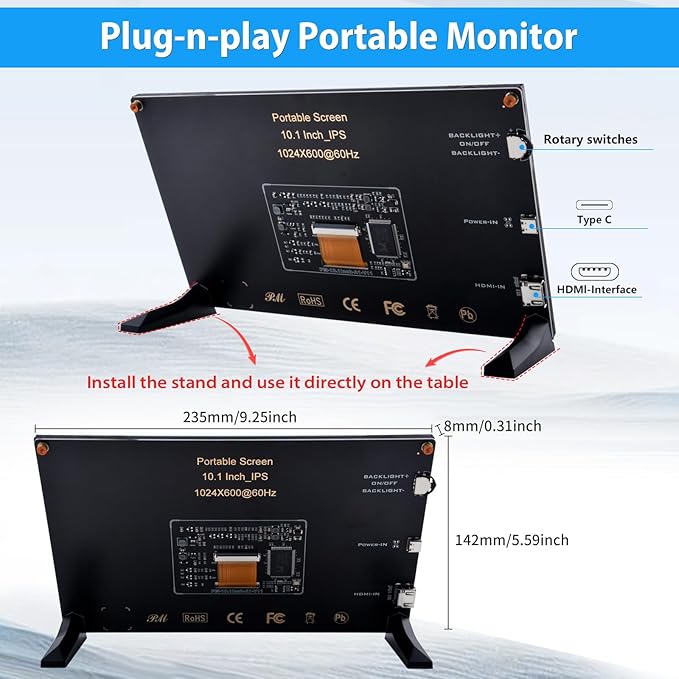 GeeekPi 10.1 Inch LCD Screen for Raspberry Pi 1024x600 IPS LCD Display HDMI Portable Monitor for Raspberry Pi 5/Pi 4B/3B+/3B/B+/Zero/400 Win11/10/8/7 Free Driver (Non-Touch)