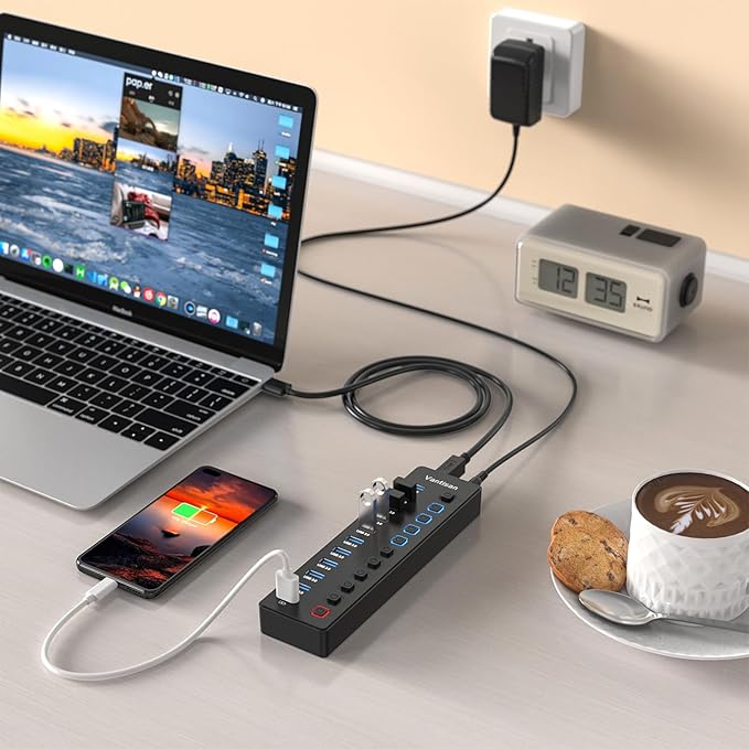 Powered USB Hub 11-Port USB 3.0 Hub Splitter - 10 USB 3.0 Data Transfer Ports + 1 Smart Charging Port USB Hub 3.0 Powered with Individual LED On/Off Switches and 5V/4A Power Adapter
