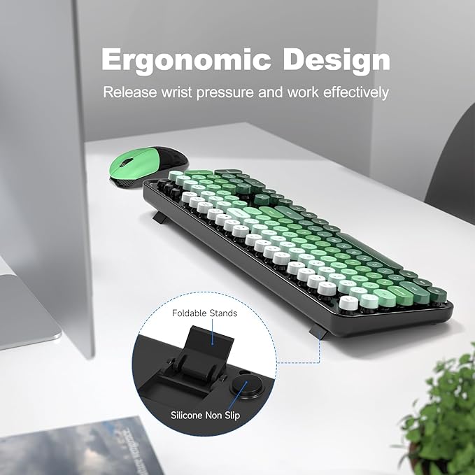 Wireless Keyboard and Mouse Combo MOWUX Full Size Typewriter Retro Round Computer Keyboard Cute Optical Mouse Wireless Plug and Play for Laptop PC Computer-Green Gradient Colorful