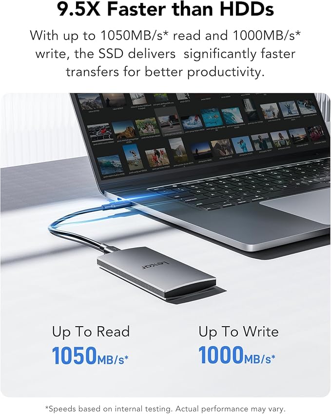 Lexar ES3 1TB External SSD USB 3.2 Gen2 Portable SSD PSSD Up to 1050MB/s Read 1000MB/s Write External Solid State Drive Compatible with iPhone 16/15 Series/Mac/PS5/XBOX/Laptop/PC Silver