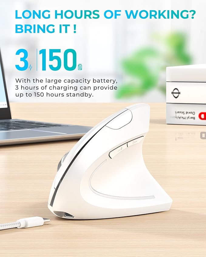Lekvey Ergonomic Mouse Vertical Wireless Mouse Rechargeable 2.4G Optical Carpal Tunnel Mice with USB Receiver: 1000/1200/1600 DPI 6 Buttons for Laptop Computer Mac PC Desktop Notebook White