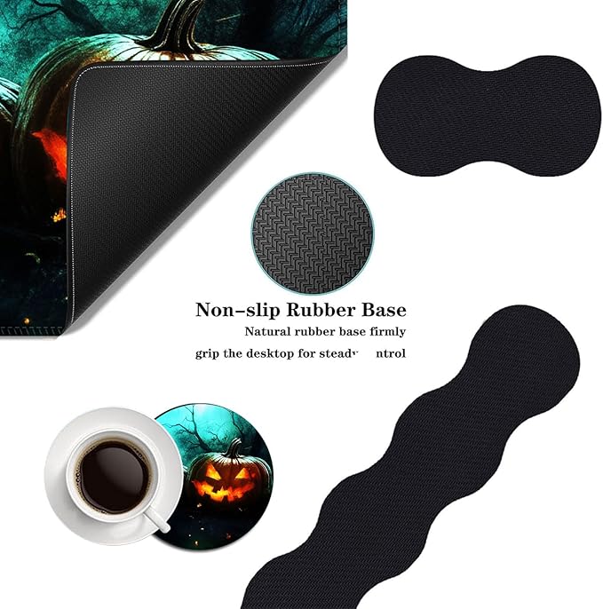 Mouse PadLarge Desk Mat Set 4in1 XL Mousepad + Keyboard Wrist Rest+Mouse Wrist Rest+Coaster with Ergonomic Desk Pad for Home Office Table Computer Cover -Halloween Pumpkins and Bat