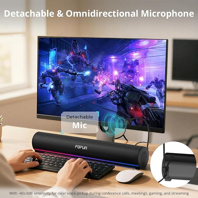 Computer Sound Bar with Detachable ENC Microphone Enhanced Bass Gaming Soundbar Bluetooth 6.0 USB-A Plug and Play PC and Bluetooth Mode 3EQ 10 RGB Speaker for Gaming MusicMeeting