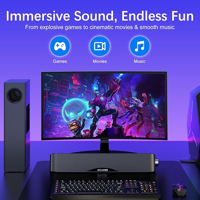 Nylavee Computer Speakers with Subwoofer 2.1 PC Speakers System with Bluetooth 5.4 &amp 3.5mm Aux-in 60W Peak Power AC Adapter Powered Computer Sound Bar for Desktop PC Laptop Monitor Gaming