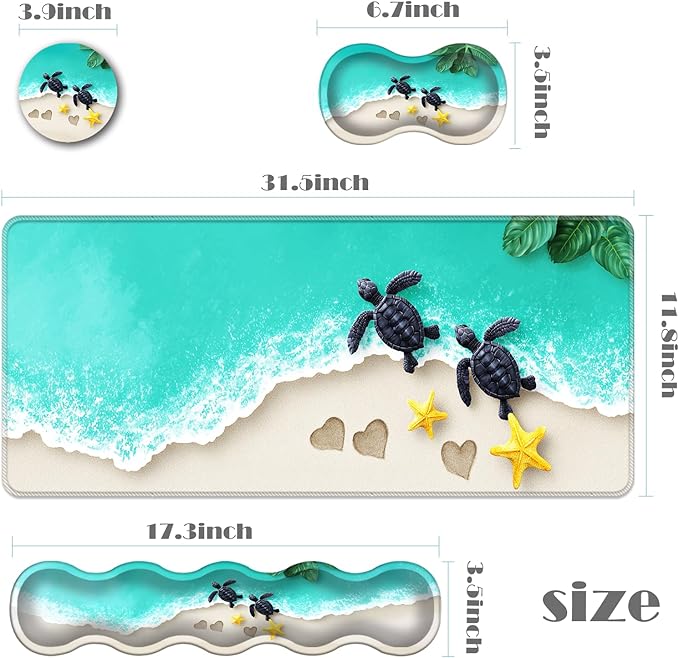 Ergonomic Keyboard Wrist Rest &amp Mouse Pad Wrist Rest SetXL Gaming Desk Mat 31.5x 11.8Non-Slip BaseMemory FoamEasy Typing Pain Relief for Office &amp HomeSea Turtles on Beach