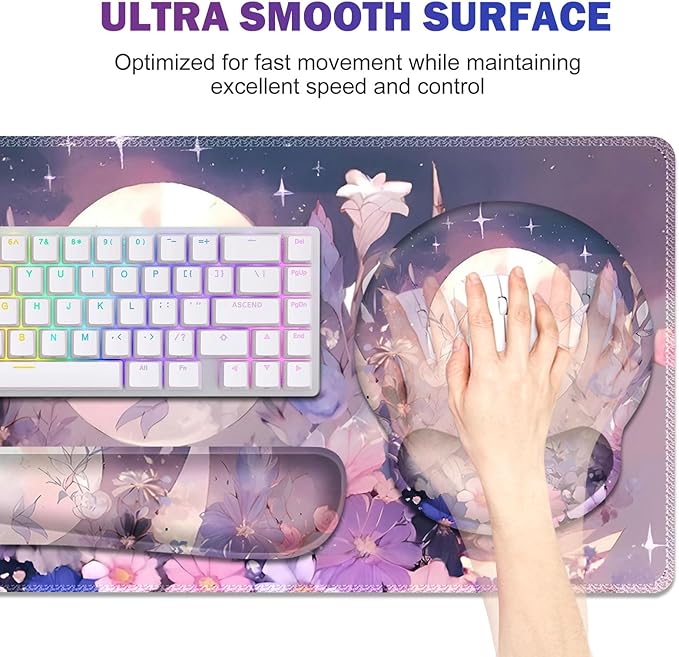 Large Desk Mat Gaming Mouse Pad Desk Pad Protector XXL Mousepad + Keyboard Wrist Rest+Mouse Wrist Rest+Coaster Set with Ergonomic Desk Pad for Home Office PC Computer Pastel Purple Flower Moon