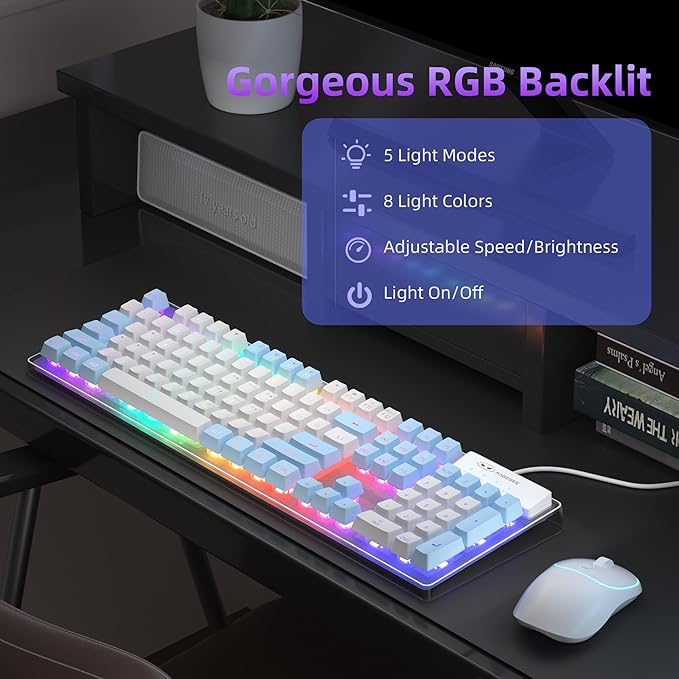 MageGee V550 Wireless Gaming Keyboard and Mouse 2.4G Full-Sized RGB LED Computer Keyboards with Transparent Shell Rechargeable Quiet Cordless Mouse &amp Keyboard Combo for Laptop/PC (Blue &amp Whi