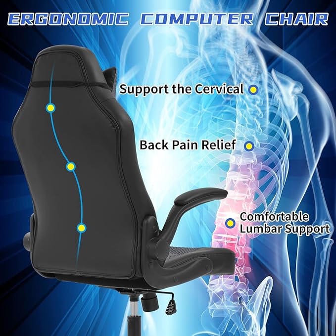 BLKMTY PC Gaming Ergonomic Computer Chair - Adjustable Office Swivel Video Game Racing Chair with Lumbar Support and Headrest - High Back Executive for Adults Grey