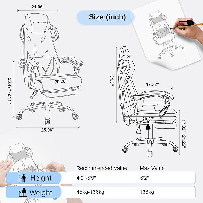 GTPLAYER Gaming Chair Computer Chair with Mesh Back Ergonomic Game Chair with Footrest Reclining Game Chair with Adjustable Headrest and Lumbar Support for Gaming and Office (White)