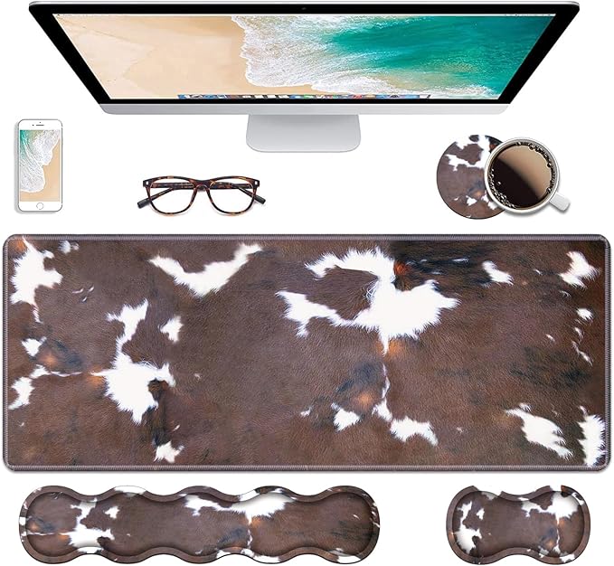 Ergonomic Keyboard Wrist Rest &amp Mouse Pad Wrist Rest Set Large XXL Gaming Desk Mat 31.5x 11.8 with Non-Slip Base Memory Foam Easy Typing Pain Relief for Home &amp Office Brown Cow Print