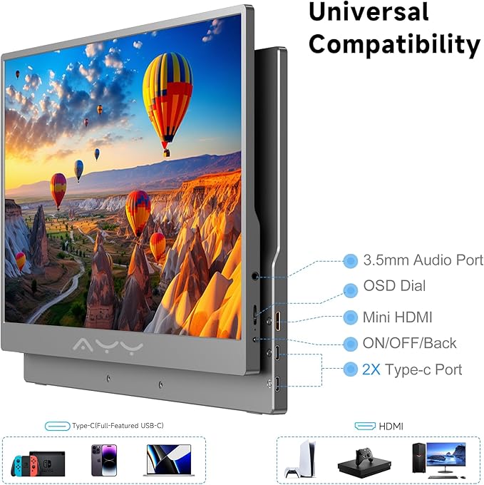 memzuoix 15.6 FHD 1080P Portable Monitor｜Second External｜100% sRGB｜USB-C+HDMI for PS5/Switch｜VESA Mount｜Built-in Speakers | Grey