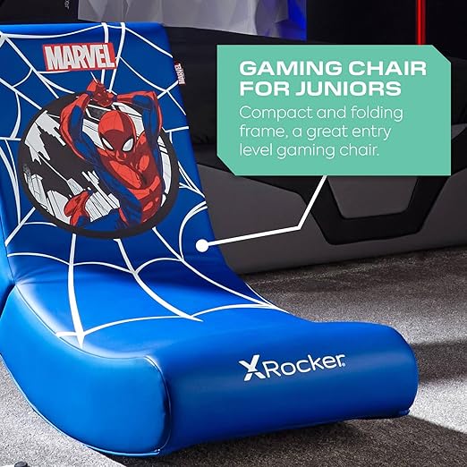 X-Rocker Official Marvel Spider-Man Video Rocker Gaming Chair for Juniors Folding Rocking Seat Spiderman Licensed Console Gaming Seat Faux Leather Chair for Children Hero - Spider Man Edition BLUE